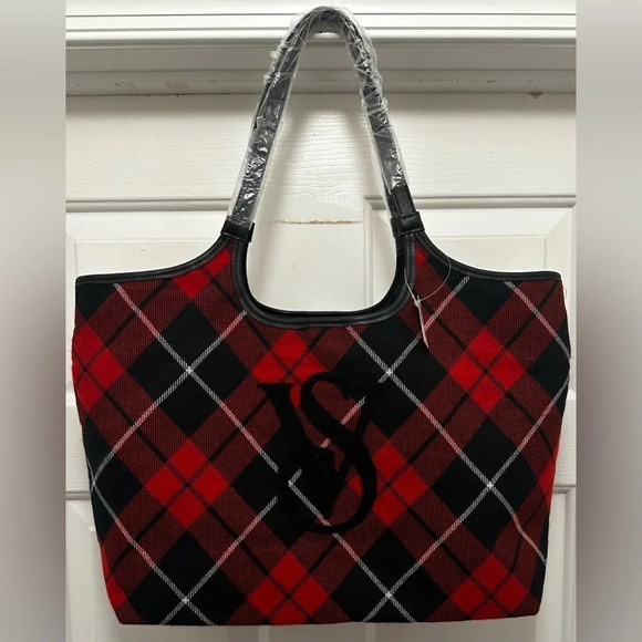 NWT Victoria’s Secret Red and Black Plaid Tote Bag - Picture 1 of 5